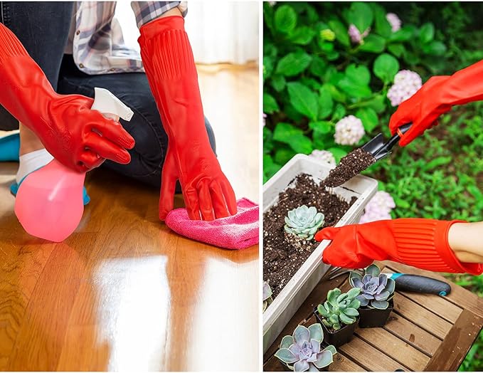 Vgo... 1-Pair Reusable Long Sleeve Thick Latex Dishwashing Gloves - Kitchen, Cleaning, Washing, Working, Painting, Gardening, Pet Care (Size M, Red, RB2143)