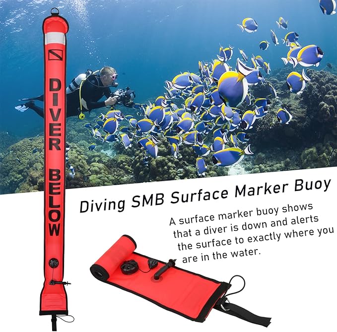 4ft Surface Marker Buoy, Hi-Vi Inflatable Scuba Signal Tube with Reflective Strip, Scuba Diving Open Bottom Float (SMB) for Underwater Diving Snorkeling