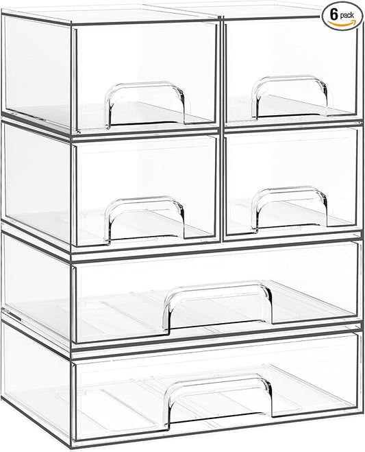 Criusia Stackable Storage Drawers, 6 Pack Clear Plastic Makeup & Bathroom Organizer, Versatile Storage Bins for Vanity, Under Sink, Kitchen Cabinets & Pantry