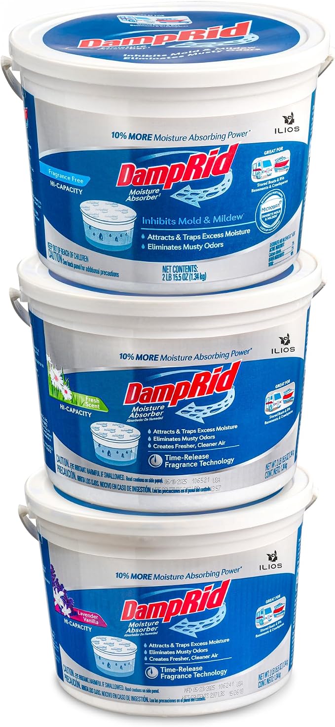 Damp Rid Moisture Absorber Bucket 3 Pack (2 lb. each) Hi-Capacity Moisture Absorbers, Room Odor Eliminator for Bathroom, Fragrance Free, Lavender Vanilla & Fresh Scent Packed By ILIOS