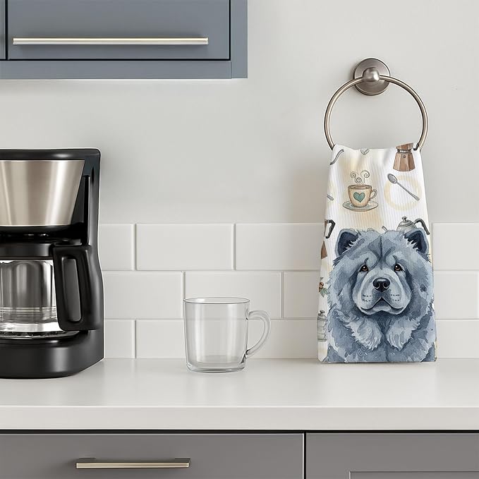 Caroline's Treasures Blue Chow Chow Coffee Bar Kitchen Towel Velour Plush Front and Cotton Loop Back Machine Washable
