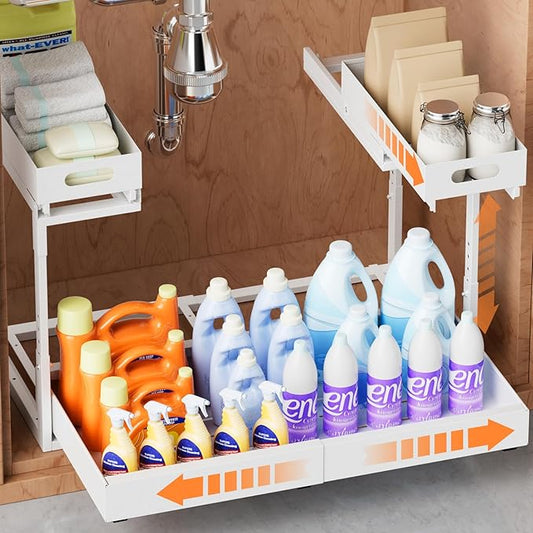 Upgrade 1 Pack Expandable Under Sink Organizers and Storage, 2 Tier Metal Pull Out Cabinet Organizer with 3 Slide Rails, Adjustable Height Slide Out Under Sink Drawers for Kitchen Bathroom Pantry