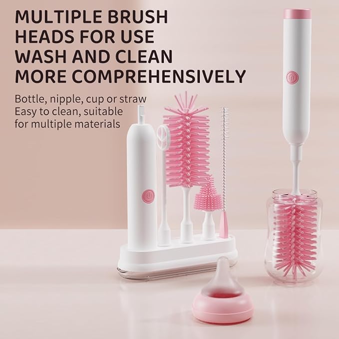 Rechargeable Electric Bottle Brush with Stand - 360° Spin Silicone Cleaner for Baby Bottles, Breast Pumps & Small Household Containers (Pink)