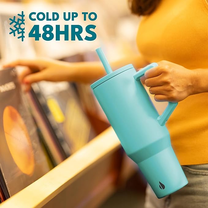 Elemental 40oz Tumbler with Handle and Straw - Spill Proof Insulated Stainless Steel Commuter for Cold Beverages - Travel Coffee Mug with 2 Straws & Spill Proof Lid - 40 oz - Robin's Egg