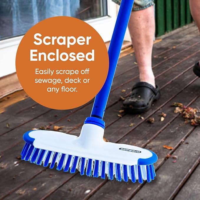 Superio Deck Scrub Brush with Long Handle (54 Inches) Heavy Duty Stiff Bristles Grout Scrubber with Scraper - Cleans Hot Tub, Swimming Pool, Granite Tiles, Bathroom, Patio, Kitchen, Wall and Deck