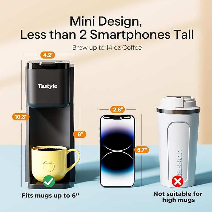 Tastyle Mini Hot and Iced Coffee Maker with 30 Descaler Cleaner Tablets, Single Serve Coffee Maker for K Cup and Grounds, 6 to 14 Oz Brew Sizes