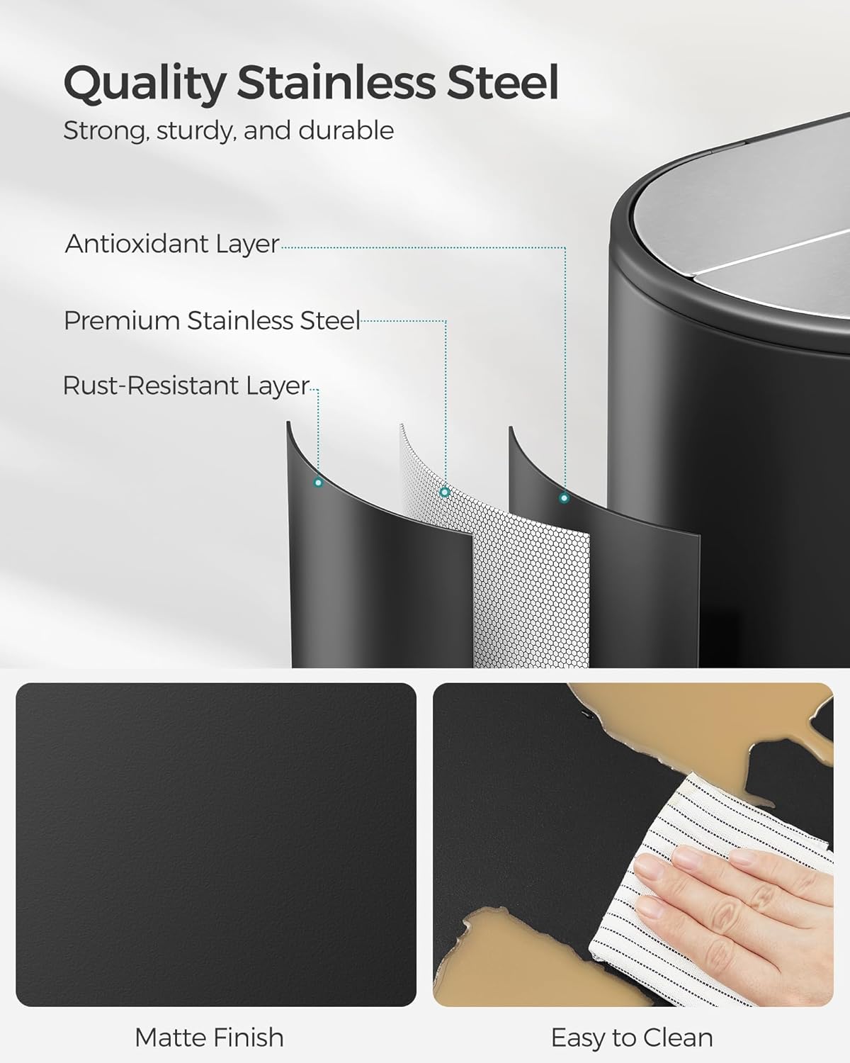 SONGMICS 13-Gallon Dual Kitchen Trash Can, 5.3 and 8 Gallon Compartments, Garbage Can with Wing Lids, Stainless Steel, Soft Close, Inner Buckets, Ink Black and Metallic Silver ULTB570B50