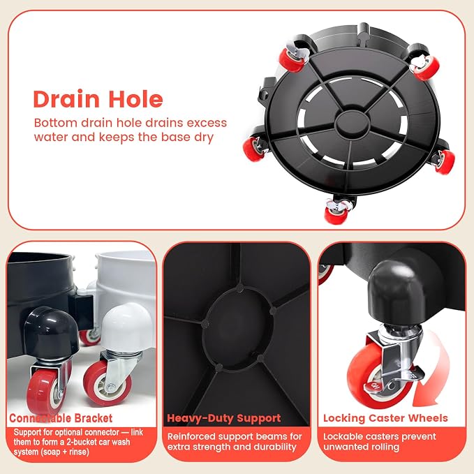 2Pcs 11 Inch Bucket Dolly, Removable Rolling Bucket Dolly, 5 Gallon Car, with 5 Heavy Duty Wheel Casters, 360°Rolling, Connectable, Locking, for Car Wash & Auto Detailing,Bearing 300lb,Black and White