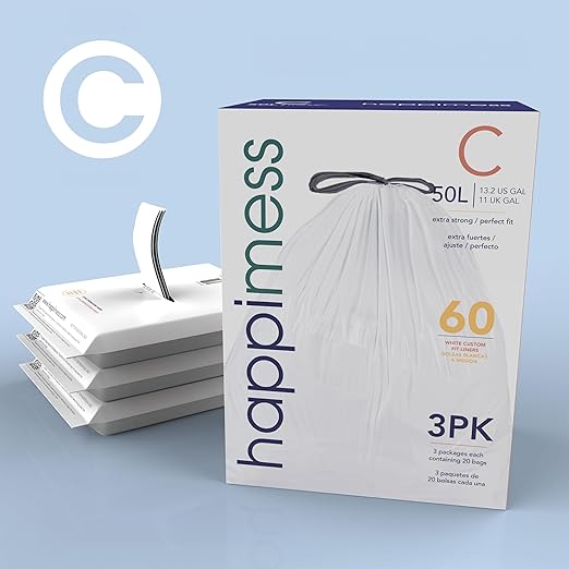 happimess 13.2 Gallon (50L) Drawstring Trash Bags, Unscented, White, Heavy Duty LDPE Liners for Kitchen and Household, Custom Fit 100 Count (5 Packs of 20 Liners) HPM3000C-W-5SET