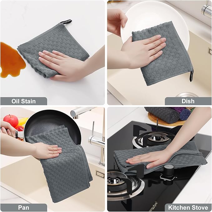 Homaxy 100% Cotton Kitchen Towels and Dishcloths Set, 12 x 12 & 15 x 25 Inches, Set of 12 Bulk Terry Cloth Dish Towels, Super Soft and Absorbent Hand Towel with Hanging Loop, Dark Grey