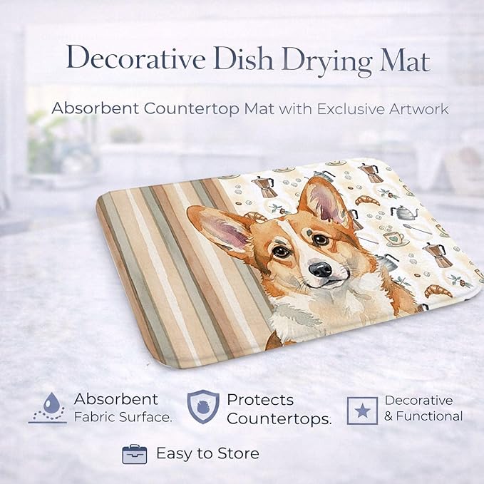 Caroline's Treasures Corgi Coffee Bar Dish Drying Mat Absorbent Dish Drying Mat Pad for Kitchen Counter Dish Drainer Mat for Countertop, 14 x 21", Multicolor