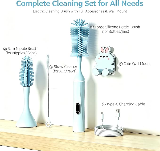 Rechargeable Electric Bottle Brush with 2 Speeds Powerful Automatic Bottle Cleaner,BPA-Free Silicone Spinning Design, Wall Mount & Straw Cleaner,Suitable for Baby Bottles & Kitchen (Alan+Alan)