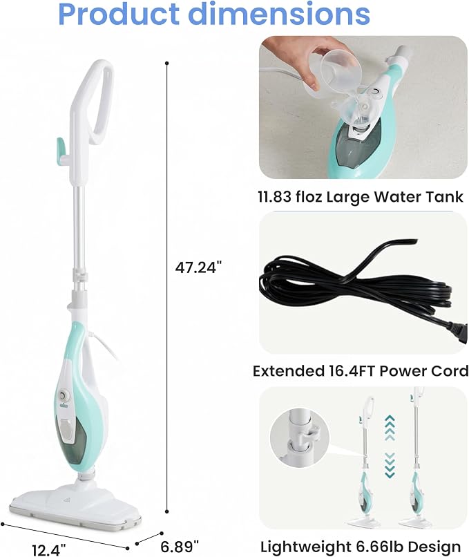 Simple Deluxe 10-in-1 Steam Mop, 1550W Detachable Handheld Steam Cleaner with 16FT Cord & 2 Pads, Multi-Surface Floor Steamer for Hardwood, Tile, Carpet, Windows, Green