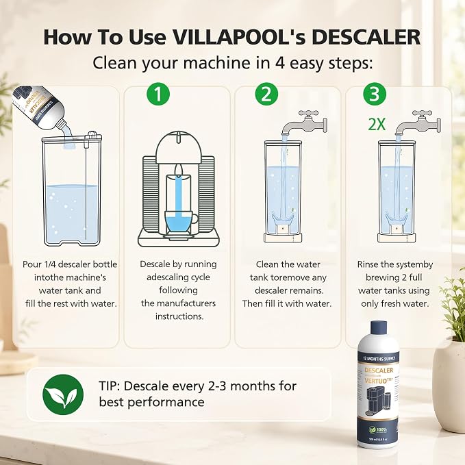 Descaling Kit Compatible with Nespresso Vertuo, 12 Month Supply-Includes 1 Bottle of Descaling Solution, 12 Cleaning Tablets & 2 Reusable Pods, Cleans Pod Area & Limescale, for Vertuoline