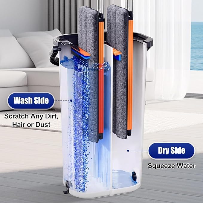 16 Inch Dual-Bucket Spin Mop Set, ， Hands-Free Wringing System，360° Rotating Flat Mop with Separate Clean & Dirty Water, Aluminum Alloy Head & 8 Microfiber Pads