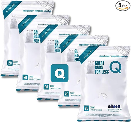 Plasticplace Trash Bags, Compatible with simplehuman Code Q Packs, White Drawstring Garbage Liners,13-17 Gallon, 25" x 32.5" (20 Count/5 Pack)