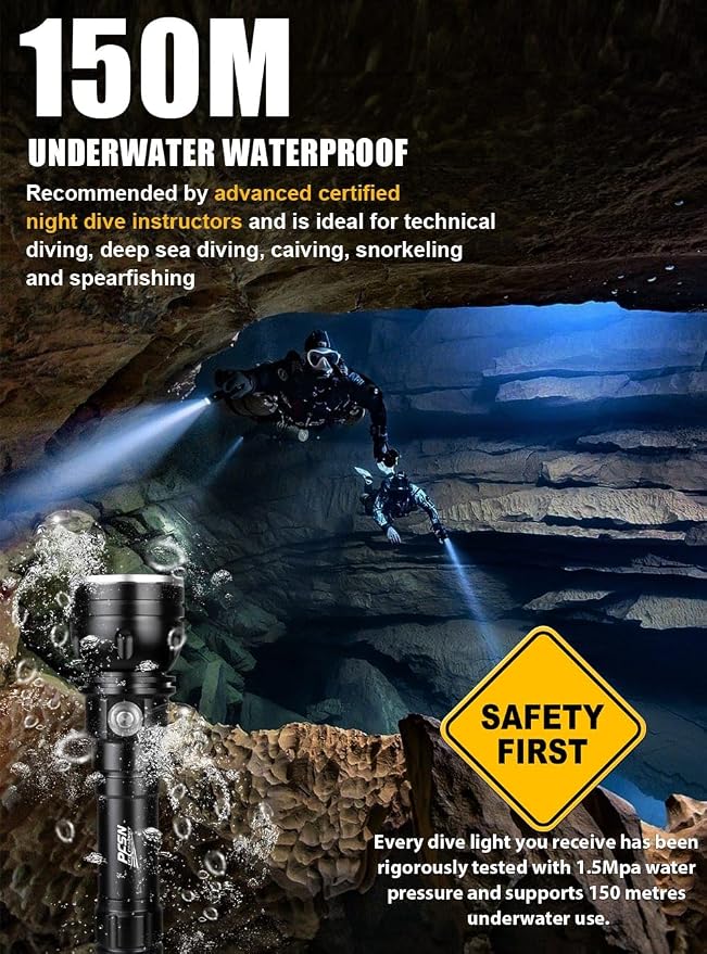 PFSN 3000 Lumens Dive Light with Lockable Switch, 150m Underwater Waterproof, 20H Runtime, 400m Long Narrow Beam, Rechargeable Professional Scuba Diving Flashlight for Night Diving, Caving, Snorkeling