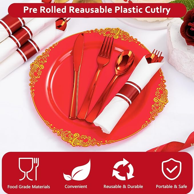 400PCS Pre Rolled Red Plastic Silverware Sets - Heavy Duty Red Cutlery - Include 100 Pack Wrapped Disposable Utensils with Napkins for Parties & Dinners & Weddings