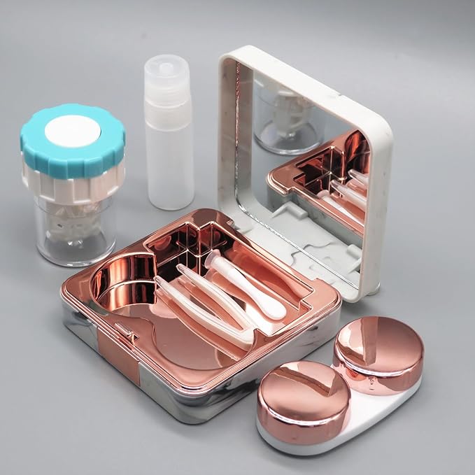 Vastsoon Contact Lens Case with Cleaner Washer, Portable Cute Eye Contacts Colored Lenses Applicator Remover Tool Kit with Mirror Solution Bottle Travel Size for Daily Outdoor (Square, Rose Gold)