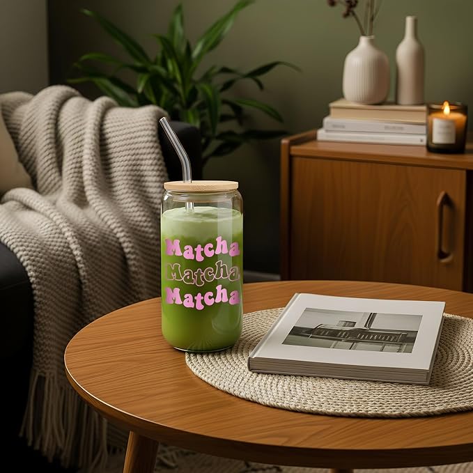 LemonRoad 2 Set 16oz Glass Matcha Cups with Reusable Straw and Bamboo Lid Gifts for Matcha Lovers Cute Pink Print Glass with Cleaning Brush Clear Can Shaped Tumbler for Iced Coffee Party Supply