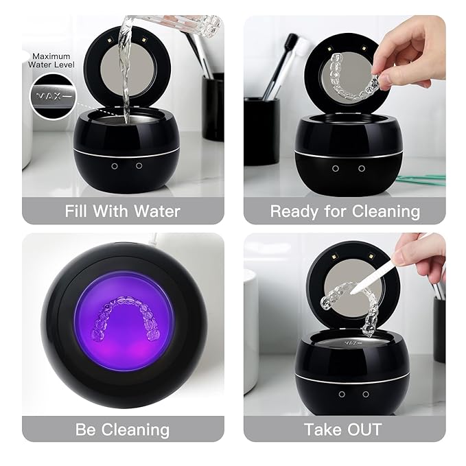 Dental Ultrasonic Retainer Cleaner Machine: 45kHz Dental Cleaning Pod for Denture, Aligner, Mouth Guard, Night Guard, Braces & Jewelry, UV Denture Cleaner with Digital Timer & Dual Mode 250ML Black