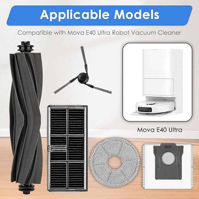 (20 Pack) Replacement Parts Compatible with Mova E40 Ultra Robot Vacuum Cleaner, 2 Roller Brushes, 6 Mop Pads, 4 HEPA Filters, 4 Dust Bags, 4 Side Brushes, E40 Ultra Accessories Kit