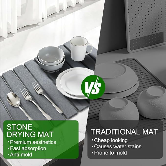 Large Stone Drying Mat for Kitchen Counter, Collapsible Stone Dish Drying Mats, Water Absorbing Diatomaceous Earth Drying Stone for Kitchen Counter, Kitchen Dish Drying Stone Mat, 24"×16" (White)