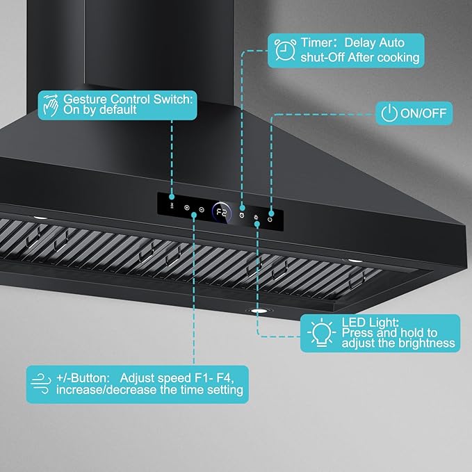 48 inch Range Hood Wall Mount, 1500 CFM with 4-Speed Gesture Sensing & Touch Control, Stainless Steel Ducted Kitchen Stove Vent Hoods with 4 LED Lights, Time Setting, Dishwasher-Safe Baffle Filters