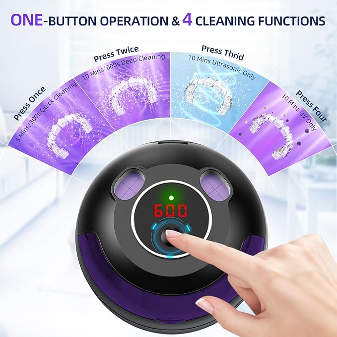 EcoBasic Ultrasonic Retainer Cleaner Machine, 45kHz Dental Cleaning Pod with UV-C Light, 200ML Denture Cleaner with 4 Modes Deep Cleaning for Retainers, Aligners, Mouth Guards, Dentures & Jewelry