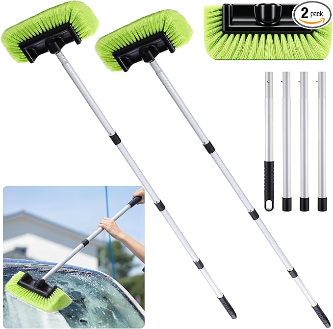 2 Pack 58 Inch Extendable Car Wash Brushes, Soft Bristled Scratch Free Cleaning System with Long Handle, Universal Cleaning Tool Set for Vehicles Home Windows Tires Snow Removal (Green)