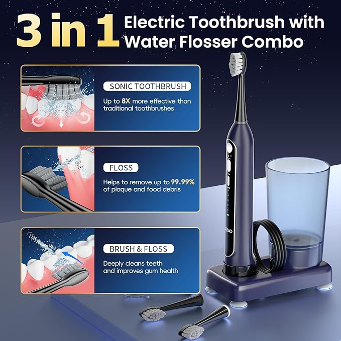 Electric Toothbrush with Water Flosser, Upgraded 2.0 Flossing Toothbrush with 5 Speeds & 3 Modes, 30 Days/Charge, for Teeth Cleaning and Plaque Removal, Sensitive Teeth & Dental Implants-Dark Blue