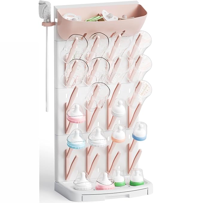 SuoXing Vertical Baby Bottle Drying Rack with Brush- Hold 24 Bottles - Large Breast Pump,Bottle Dryer Rack for Kitchen Countertop,Space Saving Bottle Stand Holder for Pacifiers,Pump Accessories,Pink