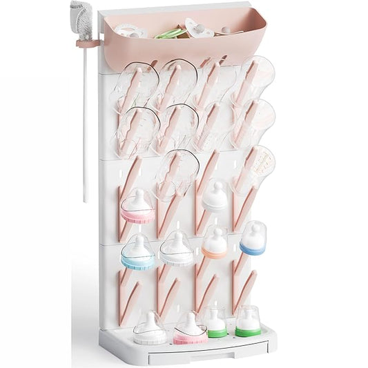 SuoXing Vertical Baby Bottle Drying Rack with Brush- Hold 24 Bottles - Large Breast Pump,Bottle Dryer Rack for Kitchen Countertop,Space Saving Bottle Stand Holder for Pacifiers,Pump Accessories,Pink