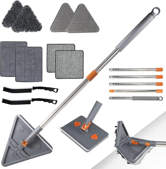 85'' Wall & Ceiling Mop with Long Handle, Wall and Baseboard Cleaner Tool, 2 Mop Heads (Triangle Corner + Square), 8 Reusable Washable Pads (Chenille/Microfiber/Scrub) for Shower Walls, Tile, Floors