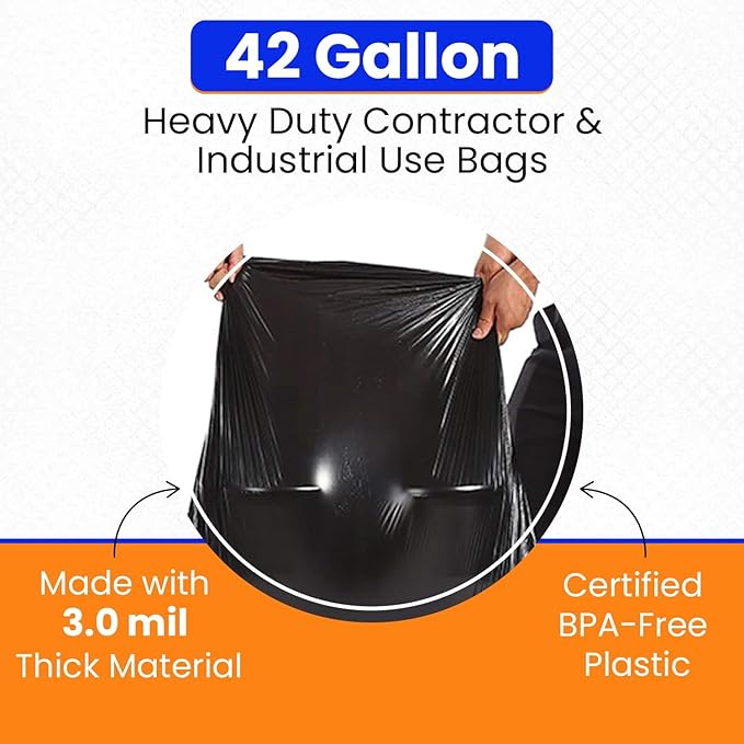 Berkley Jensen Heavy Duty Contractor & Industrial Bags - 42 Gallon, 32 Count - Black Contractor Trash Bags - 3 Mil Thick, Tear & Puncture Resistant - Ideal for Construction Cleanup & Professional Use