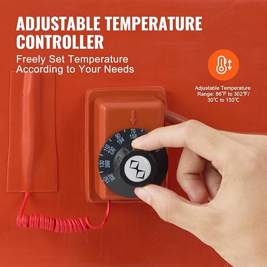 VEVOR Metal Drum Heater, 800 Watt 7.75" Width, Pail Heating Band for 5 Gallon Barrel, 86-302℉ Adjustable Thermostat, High Efficiency Silicone Grease Keg Heater, Tested to UL 499 Standard, FCC Listed