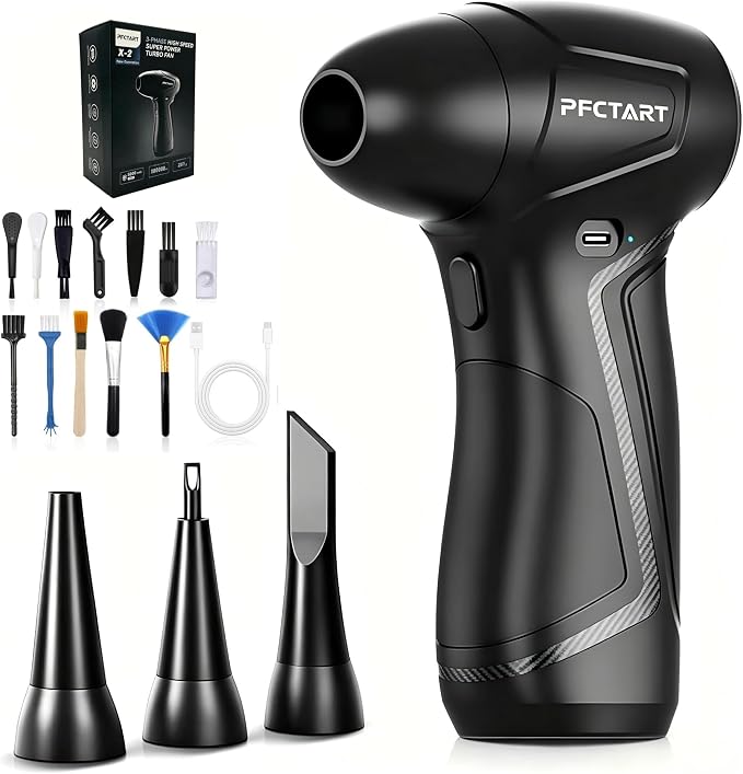 Compressed Air Dusterm, 100,000 RPM Turbo Fan, Mini Blower with Cleaning Bag and 4 Replacement Nozzles, for Keyboard, PC Repair Technician, Car Owner and House