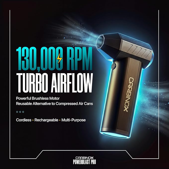Carbinox Powerblast Electric Compressed Air Dusters for Cleaning - 3 Speed Adjustable Mini Blower with LED Light - 130000 RPM Power Snow Blower Cordless.