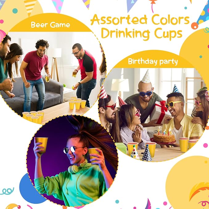 Sabary 100 Pack 12oz Plastic Cups Yellow Graduation Heavy Duty Drinking Disposable Cups with Lines for Beverage Holiday Wedding Camping Barbecues Birthday Party Outdoor Picnic(Yellow and White)