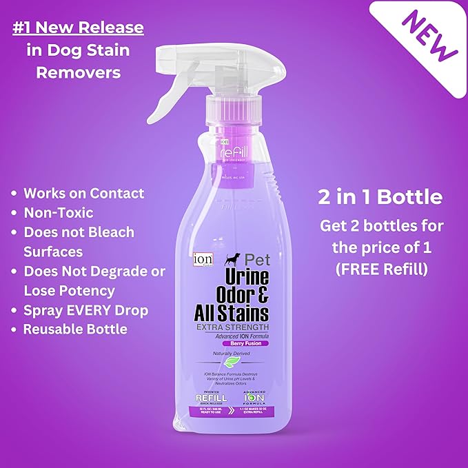 Superior Next-Gen Advanced ION Formula. 2-for-1 Bottle (Free Refill). Pet Urine, Odor & All Stains. Extra Strength, Unmatched Stain & Odor Remover. Patented | Non-Toxic | Eco-Friendly | Made in USA