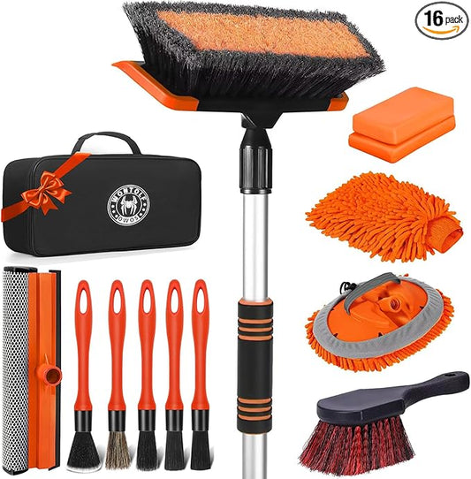 62'' Car Wash Brush with Long Handle, Complete Car Wash Kit, Scratch-Free Car Cleaning Brush Mop Kit with Clay Bar, Wash Mitt, Window Squeegee, Wheel Brush, Storage Bag for Car Truck RV