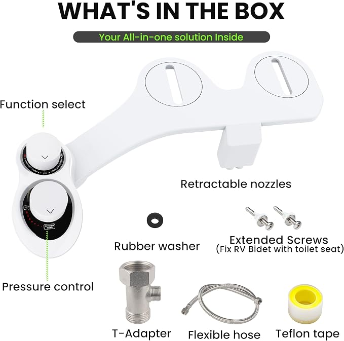 RV Bidet for Camper Toilet, Non-Electric Toilet Sprayer Attachment with Dual Nozzles, Adjustable Pressure, Front/Rear/Self Cleaning, Upgrade for Trailer, Motorhome, RV Bathroom (White-Black)