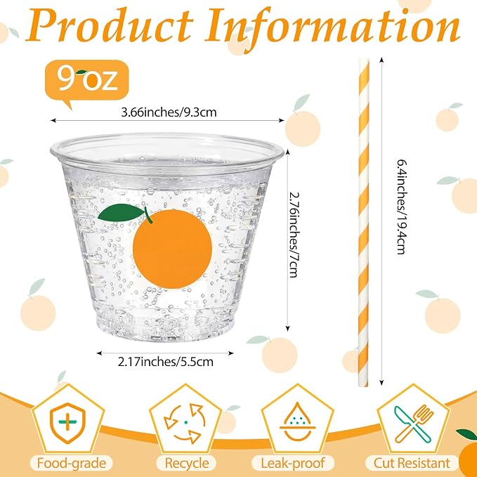 LemonRoad 100 Sets Little Cutie Disposable Plastic Cups Bulk with Lids Straws 9 oz Orange Clear Plastic Cups Tangerine Cold Hot Drinking Container for Baby Shower Birthday Daily Holiday Party Supplies