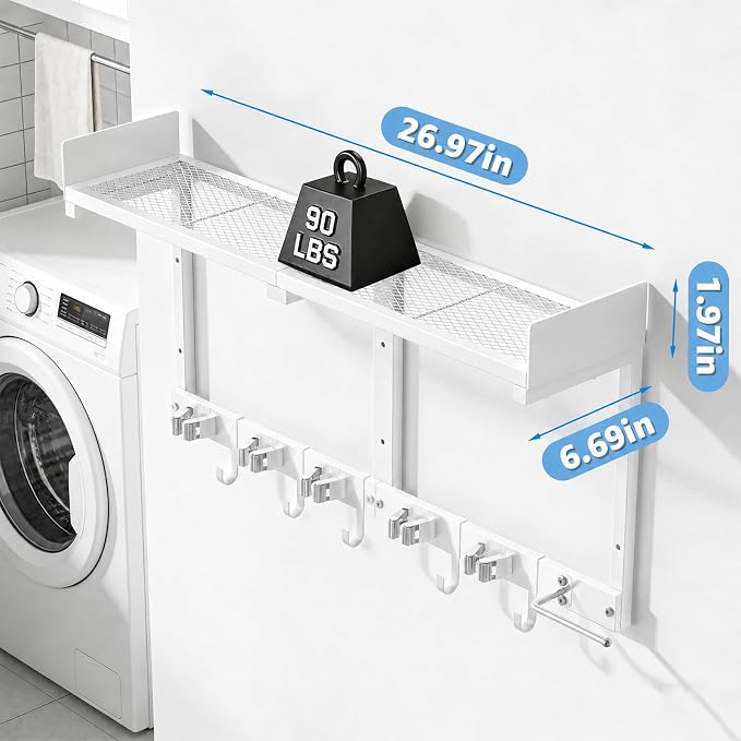 HUFAND Broom Holder Wall Mount, 27" Large Mop and Broom Organizer Wall Hanging with Top Storage Shelf & Vacuum Hook, Heavy Duty Iron Utility Rack for Laundry Room, Garage, Kitchen, Garden - White