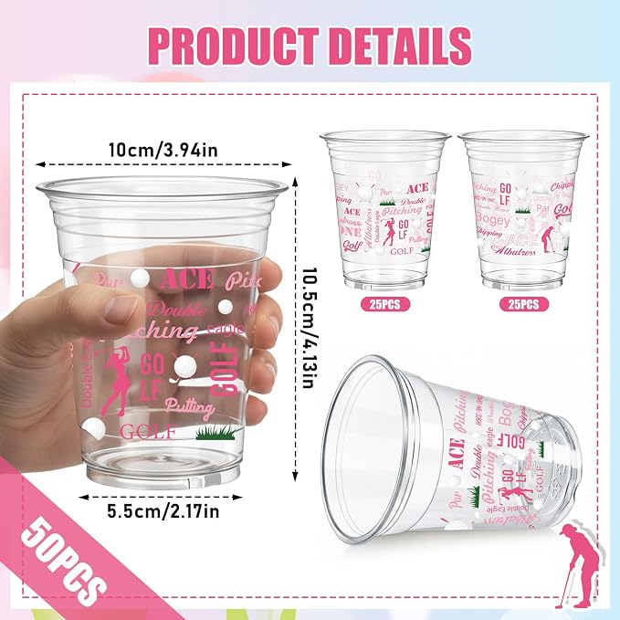 Rngmsi Golf Clear Plastic Cups - 50 Pcs Master Golf Party Decorations, 12 OZ Disposable Cups for Birthday Bachelor, Sports Party Supplies Favor