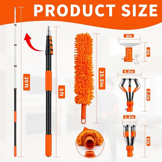 26FT Telescopic Light Bulb Changer for High Ceilings with 5-20FT Extension Pole, Flip-Tab Lock Universal Tool w/ Basket, Suction Cup, Grabber & Duster for Recessed, Ceiling Fans, Hard-to-Reach Lights