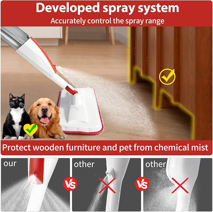 Wet Spray Mop for Floor Cleaning with 14 oz Bottle & 2 Microfiber Pads | Refillable bottle, washable pads, dry/wet use for home or commercial cleaning on hardwood, laminate, wood & ceramic floors