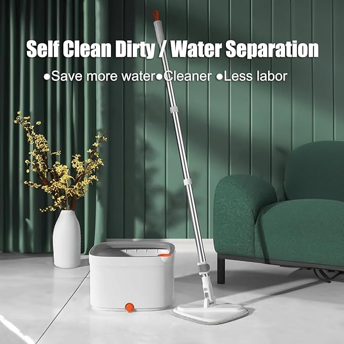Spin Mop and Bucket Set with Self Separation Dirty and Clean Water System Self Wringing 360° Rotating Clean Mop-Head for Hardwood Tile Marble Floors (Mop Set with 6 Pads)-Grey