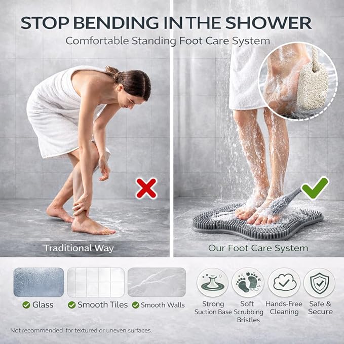 4-in-1 Shower Foot Care Set — Silicone Foot Scrubber Mat with Non-Slip Suction Cups, Natural Pumice Stone, Long Handled Toe Cleaner Brush & Adhesive Hooks — Daily Foot Wash & Bathroom Spa Kit