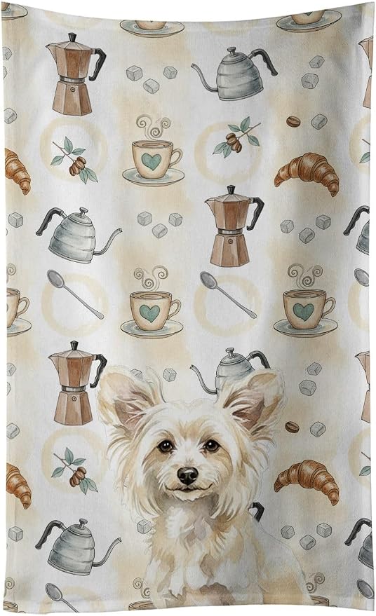 Caroline's Treasures Powderpuff Chinese Crested Coffee Bar Kitchen Towel Velour Plush Front and Cotton Loop Back Machine Washable